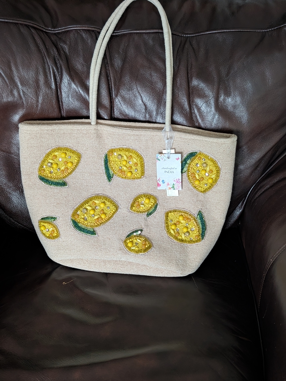 Handcrafted Beaded Lemon Tote Handbag
